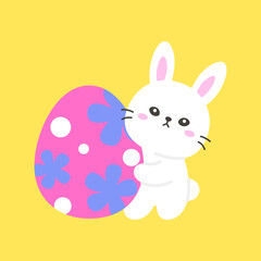 White Bunny Sitting Next to a Pink Easter Egg with Blue Flowers