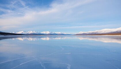 Serene Winter Landscape Frozen Lake Reflecting Snow Capped Mountains under a Clear Sky