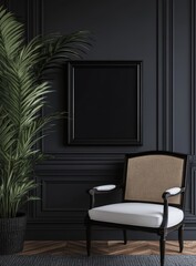 Dark, elegant room with framed art and armchair