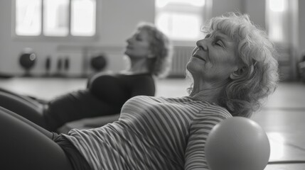 Active senior women doing pilates with soft ball lying on back in gym