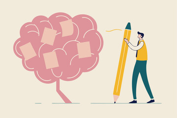 Idea memo, brainstorm or scrum sticky notes, productive plan, memory or task reminder, mind map for work arrangement, thought and wisdom concept, businessman write sticky notes on human brain.