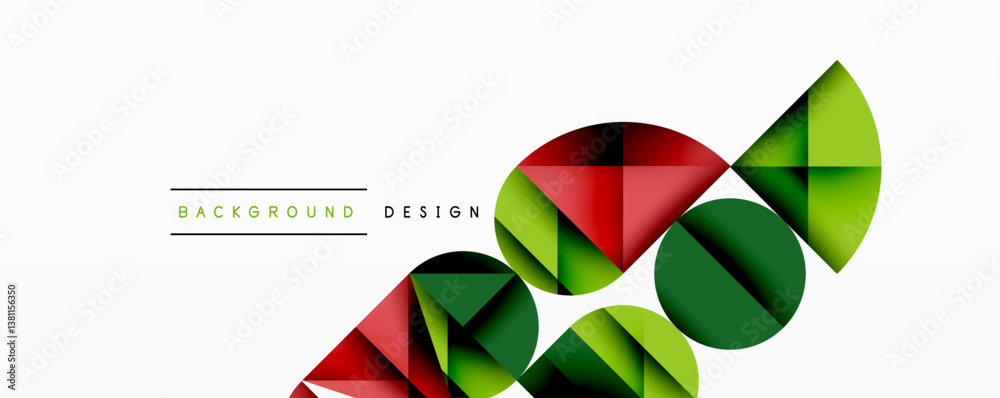 Poster Abstract geometric shapes, red, green, black. Overlapping circles, triangles create dynamic composition. Modern design, clean lines, minimalist aesthetic.