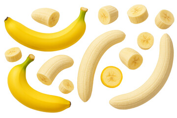  PNG set - A vibrant composition showcasing fresh, ripe bananas, with some peeled and sliced, inviting visual delight.