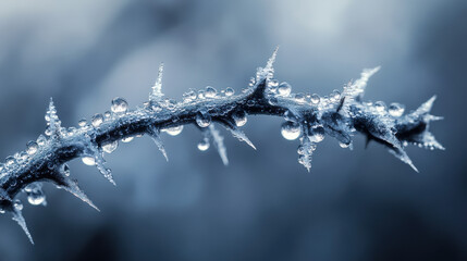 Artistic macro capture of sinuous thorn branches, glistening with fresh condensation, each spike detailed and elongated