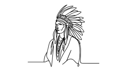 minimalist continuous one line drawing illustration of an Indian tribal chief on a white background