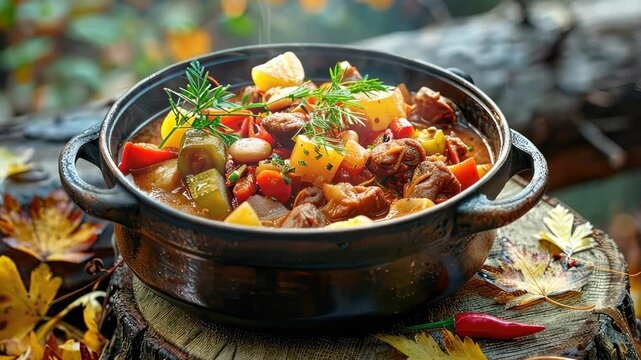 Hot bograch in a cauldron. Selective focus. food.