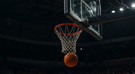 Basketball approaching net on professional indoor court with glass backboard in dark arena. Sports competition action shot with dramatic lighting for championship game atmosphere.