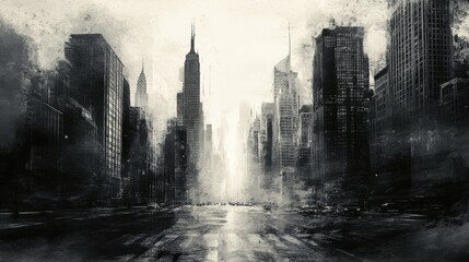 gritty noir cityscape with towering skyscrapers and shadowy street misty cold sin city charcoal digital painting
