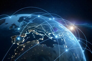 Global Connectivity: A Digital Rendering of Earth from Space with Network Lines and Bright Lights