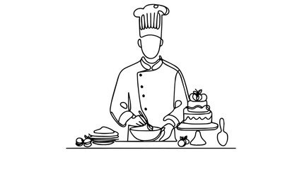 minimalist continuous one line drawing illustration of a pastry chef cooking