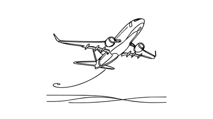 minimalist continuous one line drawing illustration of a realistic airplane