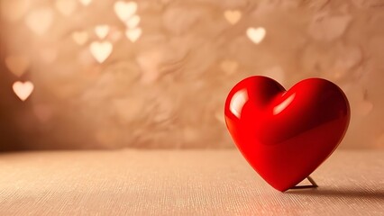 Fototapeta premium A shiny, red heart stands out against a soft backdrop of bokeh lights in the shape of hearts, creating a romantic atmosphere.