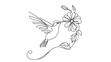 a realistic flying hummingbird peaking its beak into a flower one continuous line drawing