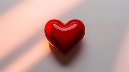 Fototapeta premium A glossy, vibrant red heart rests on a subtly lit surface, symbolizing affection and care. The light creates soft shadows around it.