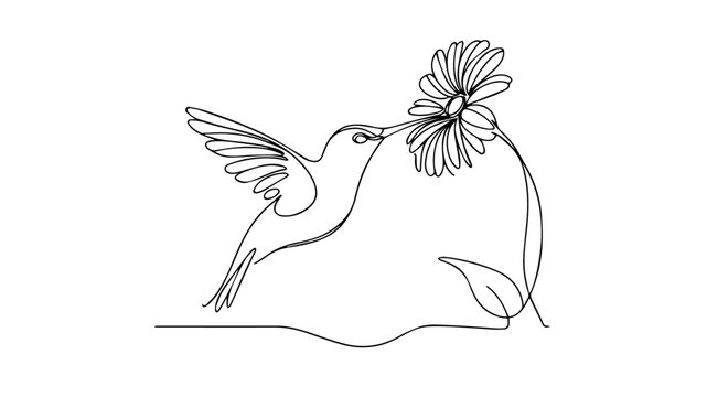 Naklejki minimalist continuous one line drawing illustration of a realistic flying hummingbird peaking its beak into a flower 