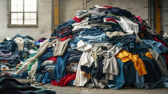 Large pile of mixed second-hand clothes in warehouse, unsorted garments, textile waste, fashion overconsumption, recycling, reuse, sustainable fashion, donation center, environmental issue