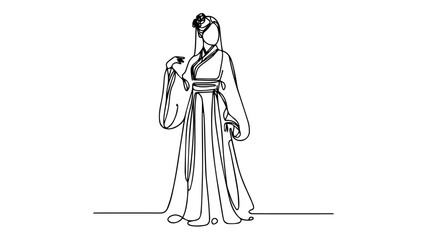 minimalist continuous one line drawing illustration of a chinese woman in a traditional outfit