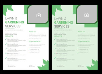
Lawn mower landscaping garden service flyer brochure cover template. Tree and gardening service poster leaflet design. lawnmower flyer template.
