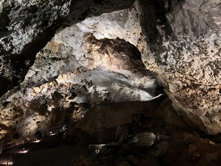 A stunning view of the underground chambers in the Demänovská Cave of Liberty, Slovakia, showcasing rich stalactite decorations.