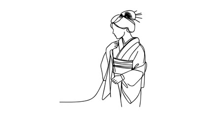 one line drawing of a japanese woman in a kimono 