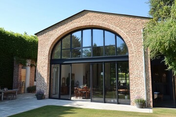 A contemporary brick residence featuring expansive glass windows, gracefully nestled among lush greenery, radiates charm on a bright sunny afternoon