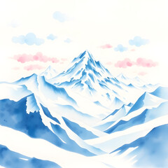Fototapeta premium Winter mountain landscape with awesome blue sky and clouds. A digital painting of a 3D winter wonderland rich deep teal and glowing art illustration design