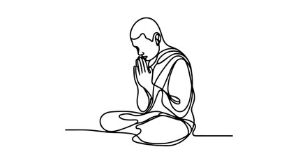 minimalist continuous one line drawing illustration of a realistic full body monk praying using one continuous line on a white background