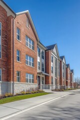 Modern apartment complex situated in a serene suburban neighborhood features multiple floors, large windows, and landscaped green spaces under a clear blue sky