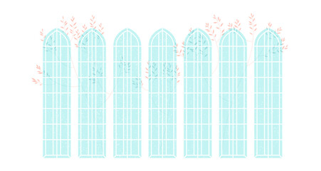 High antique windows with thin trees behind them, vector illustration isolated on white background