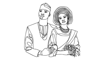 minimalist continuous one line drawing illustration of a realistic full body Nigerian couple in traditional wedding outfits