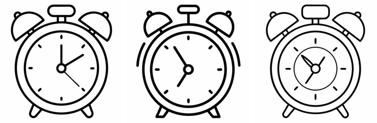 Alarm Clock Outline Coloring Book Page Line Art Drawing Set on White Background