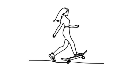 a girl skateboarding one line drawing illustration