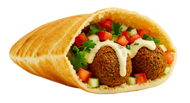 Close up shot of a pita bread filled with falafel balls, vegetables and a creamy white sauce topping