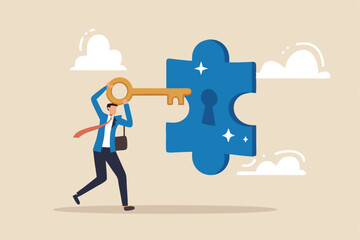 Turnkey solution complete ready to use product, open opportunity to solve customer problem, unlock potential to success, software or platform concept, businessman turn key into jigsaw puzzle keyhole.