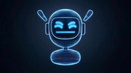 A futuristic digital robot with a cheerful expression, glowing in neon blue against a dark background.