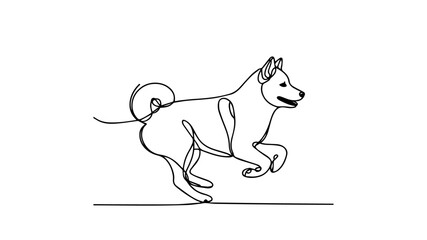 minimalist continuous one line drawing illustration of a realistic full body shiba inu running