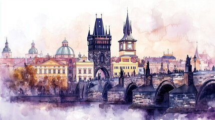 Obraz premium Romantic watercolor painting, view on charles bridge in praque with Old Town Bridge Tower. world famous Charles bridge in the capital city of the Czech republic.