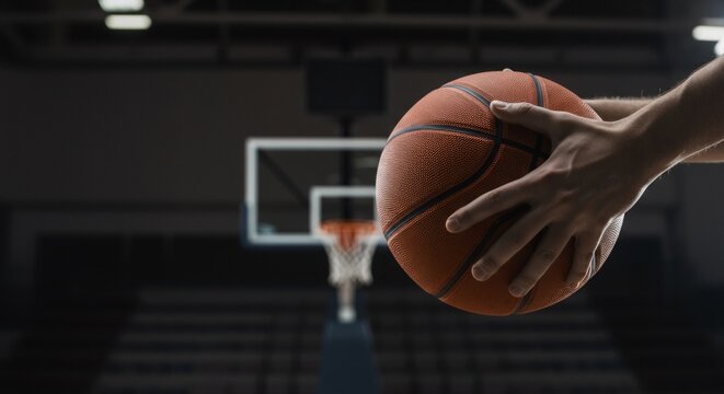 Close-up of hand holding basketball in indoor court with hoop in background. Sports equipment for professional training and competition. Athletic game concept with copy space. - Powered by Adobe