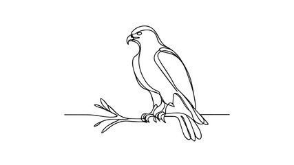 minimalist continuous one line drawing illustration of a realistic hawk perched on a sturdy branch