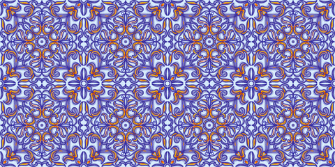 Vector decorative pattern blue and white design with frame or border. Baroque Vector mosaic. Traced watercolo. Capri Majolica	
