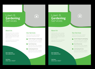 
Lawn mower landscaping garden service flyer brochure cover template. Tree and gardening service poster leaflet design. lawnmower flyer template.
