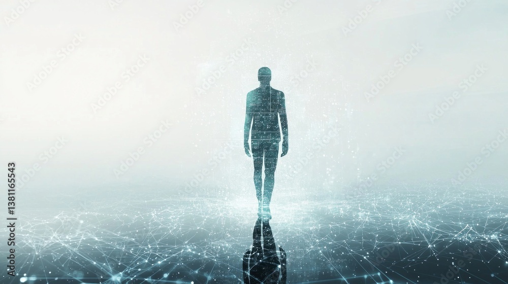 Aufkleber a figure strides confidently across a vast, shimmering landscape filled with glowing connections. th