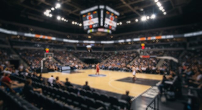 Professional basketball arena with crowd watching game on wooden court. Indoor sports stadium with scoreboard and spectators. Championship tournament atmosphere during live match.