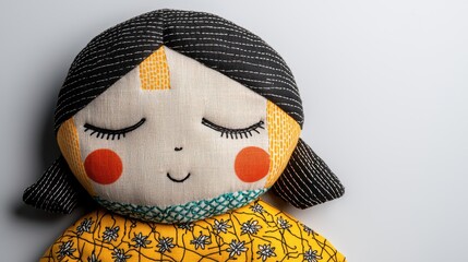 Cute Fabric Doll with Closed Eyes and Colorful Design on Background