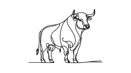 minimalist continuous one line drawing illustration of a realistic standing full body bull 