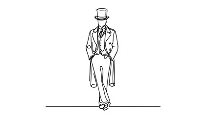 minimalist continuous one line drawing illustration of a realistic  dapper gentleman in a tailcoat, top hat, and cravat in the victorian era 