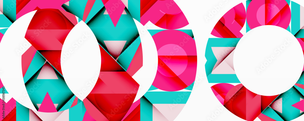 Poster abstract geometric composition. bright pink, red, turquoise shapes overlap. white circles create foc
