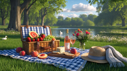 Picnic basket with fruits and wine against a scenic lake  