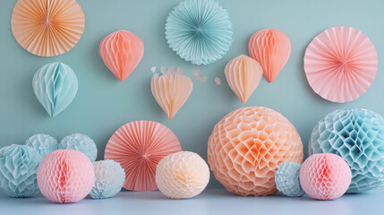 Colorful paper decorations in pastel shades create whimsical atmosphere, featuring fans and honeycomb shapes that enhance any festive setting. Perfect for parties and celebrations