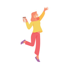 A Joyful Woman Enthusiastically Celebrating while Holding a Delicious Coffee in Hand